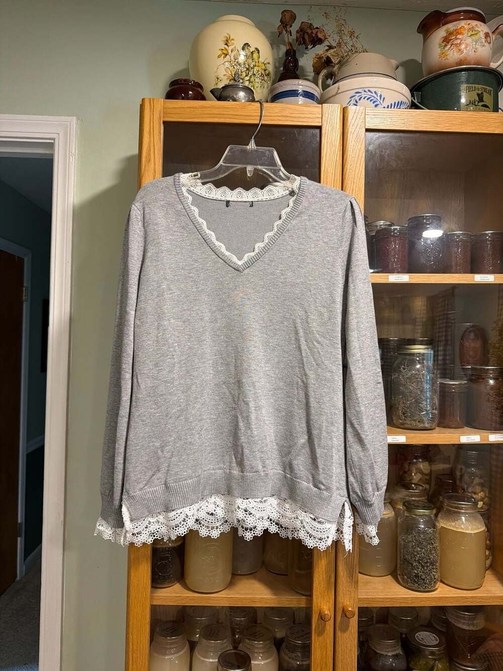 Adrianna Papell Grey V-Neck Sweater with White Lace Trim Hem and Neckline